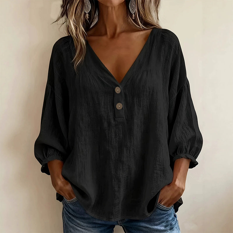 🔥-55%👕 Haut Décontracté Femme Col en V – Manches 3/4 Bouffantes en Tissu Texturé