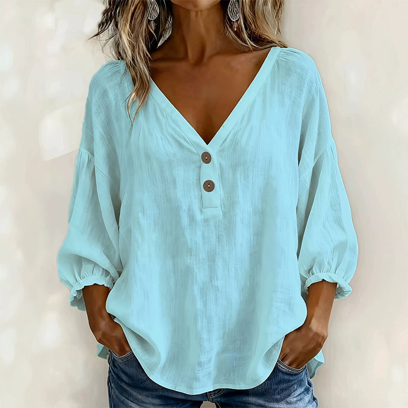 🔥-55%👕 Haut Décontracté Femme Col en V – Manches 3/4 Bouffantes en Tissu Texturé