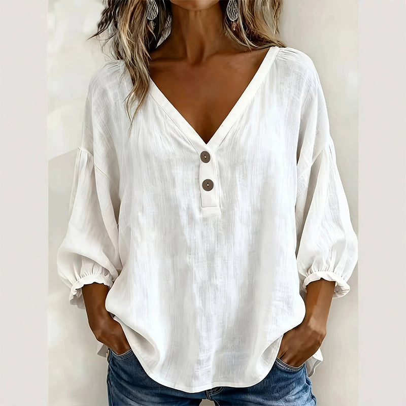 🔥-55%👕 Haut Décontracté Femme Col en V – Manches 3/4 Bouffantes en Tissu Texturé