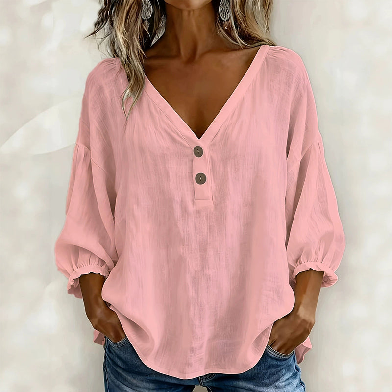 🔥-55%👕 Haut Décontracté Femme Col en V – Manches 3/4 Bouffantes en Tissu Texturé