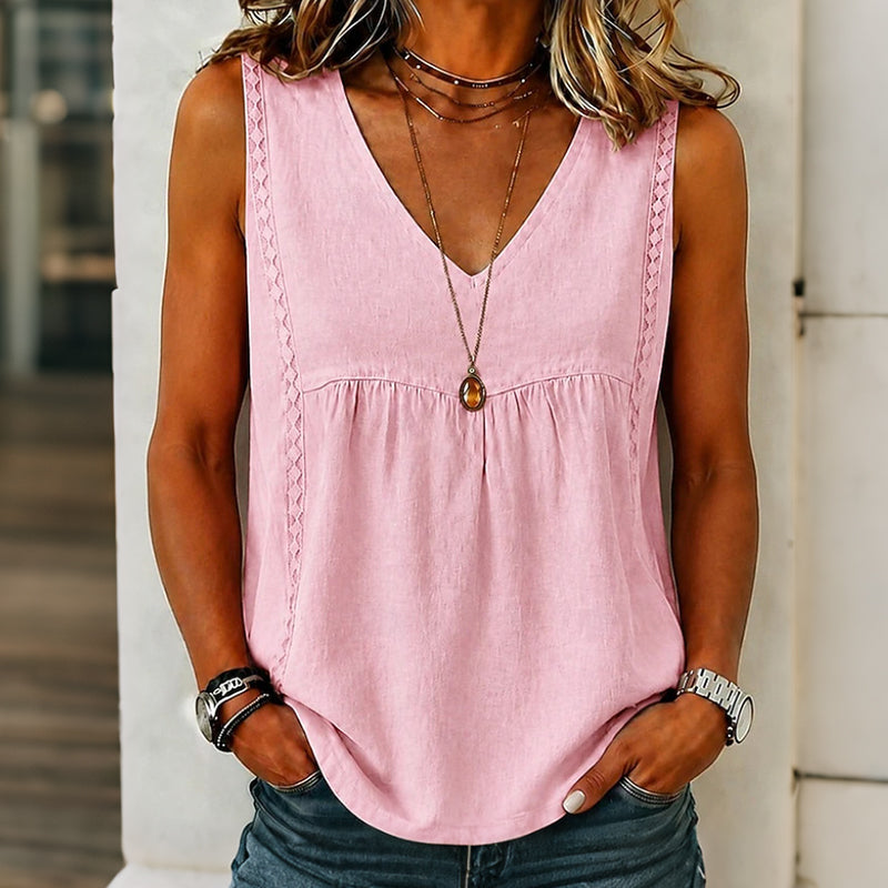 🔥-55%👚 Haut Femme Sans Manches Col en V – Maille Ajourée Douce et Décontractée