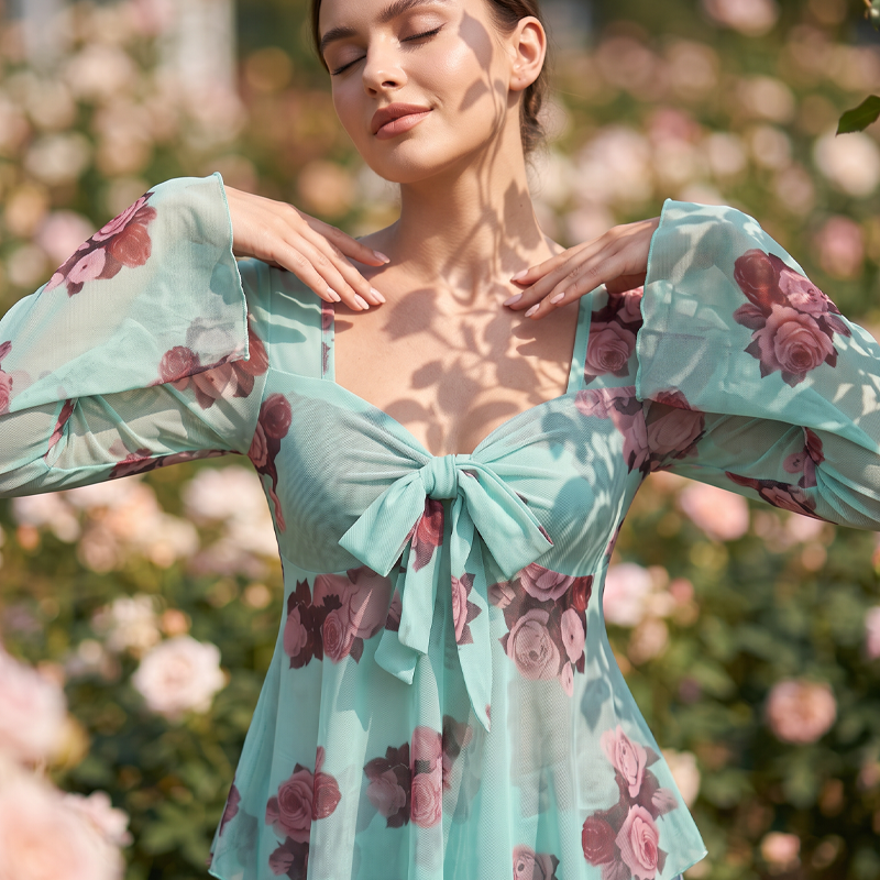 🌸Chemisier femme à imprimé floral, encolure carrée et noué sur le devant
