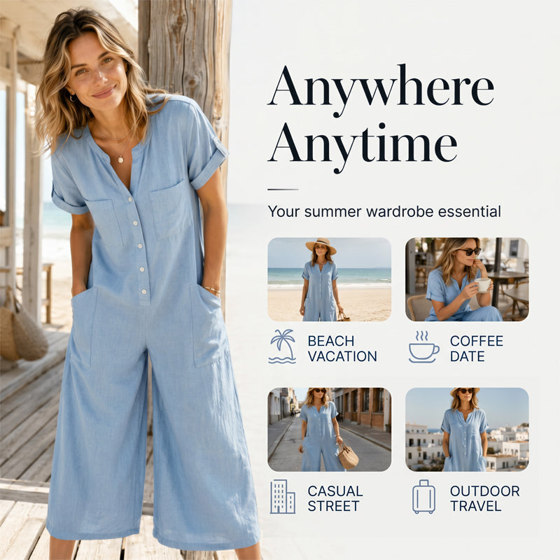 🔥-40% 👖 Combinaison Femme Décontractée – Manches Courtes, Jambes Larges et Fermeture Éclair🌿 style décontracté pour le quotidien