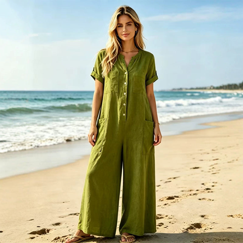🔥-40% 👖 Combinaison Femme Décontractée – Manches Courtes, Jambes Larges et Fermeture Éclair🌿 style décontracté pour le quotidien