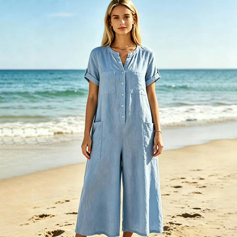 🔥-40% 👖 Combinaison Femme Décontractée – Manches Courtes, Jambes Larges et Fermeture Éclair🌿 style décontracté pour le quotidien