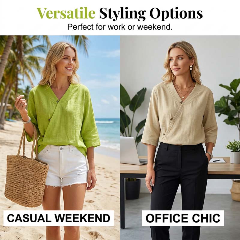 🔥-44%👕 Chemisier Femme Décontracté Col en V – Manches 3/4 🌿 boutons sur le devant pour le quotidien
