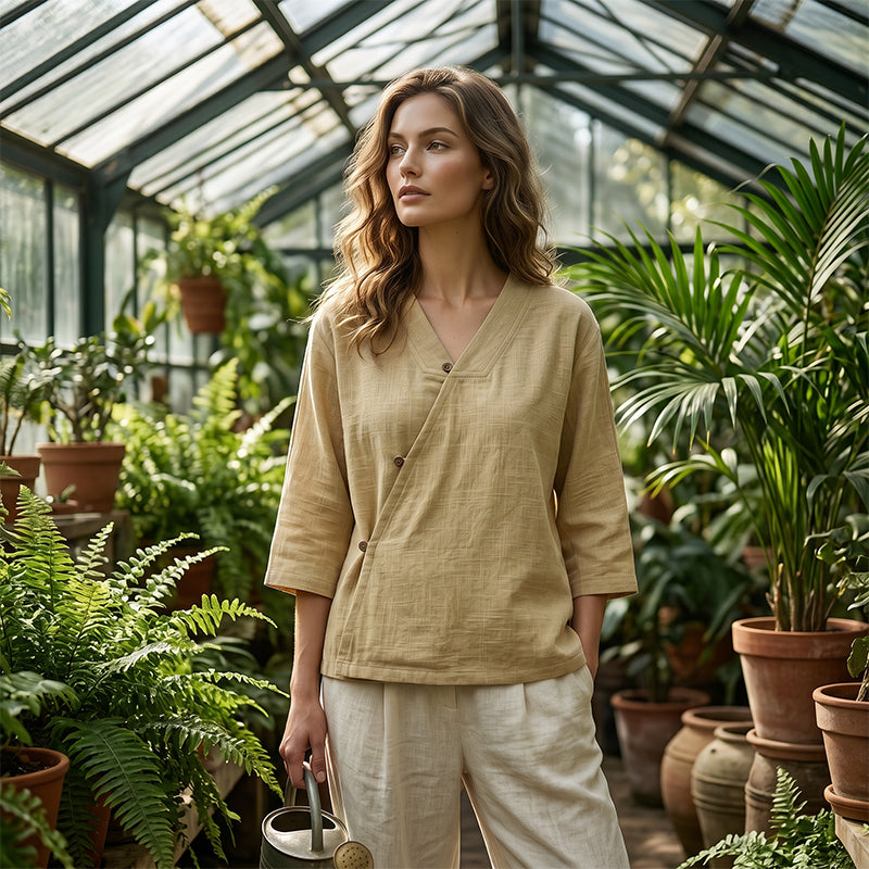 🔥-44%👕 Chemisier Femme Décontracté Col en V – Manches 3/4 🌿 boutons sur le devant pour le quotidien