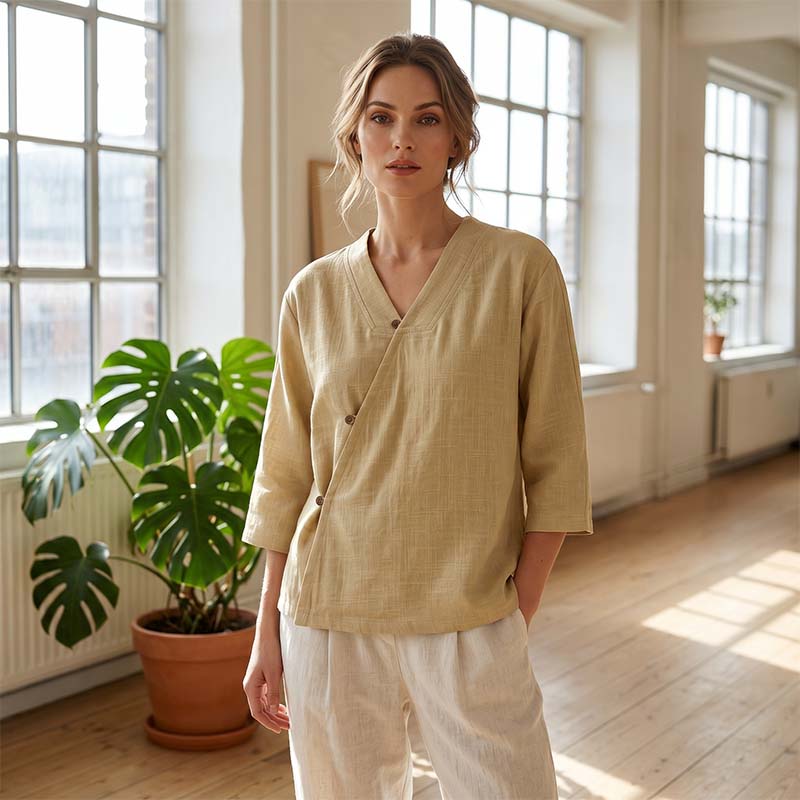 🔥-44%👕 Chemisier Femme Décontracté Col en V – Manches 3/4 🌿 boutons sur le devant pour le quotidien