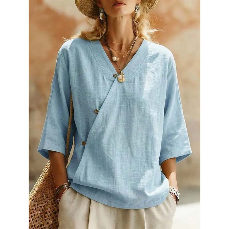 🔥-44%👕 Chemisier Femme Décontracté Col en V – Manches 3/4 🌿 boutons sur le devant pour le quotidien