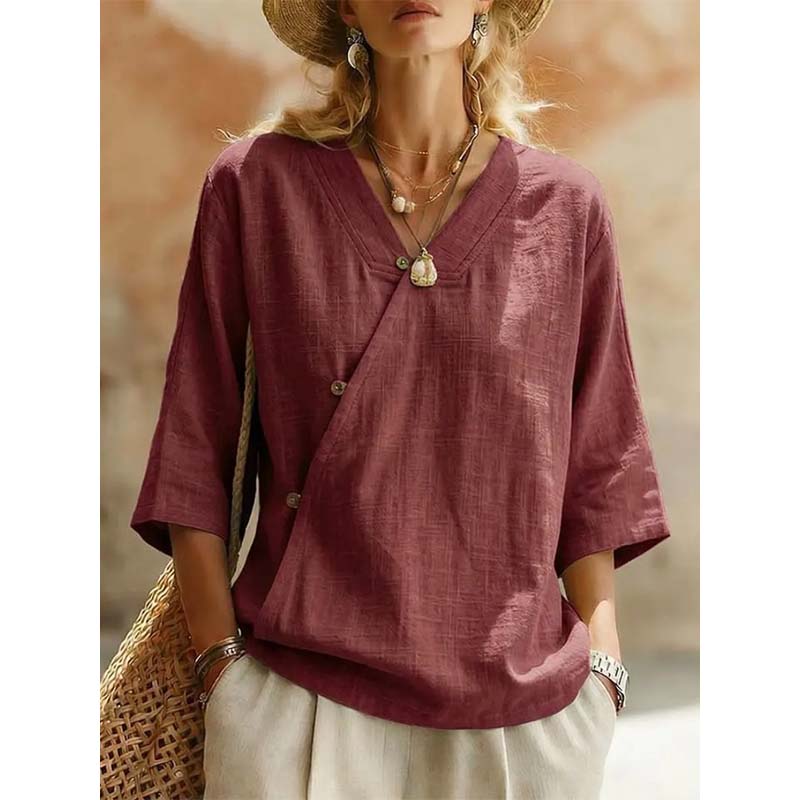 🔥-44%👕 Chemisier Femme Décontracté Col en V – Manches 3/4 🌿 boutons sur le devant pour le quotidien