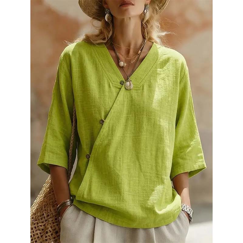 🔥-44%👕 Chemisier Femme Décontracté Col en V – Manches 3/4 🌿 boutons sur le devant pour le quotidien