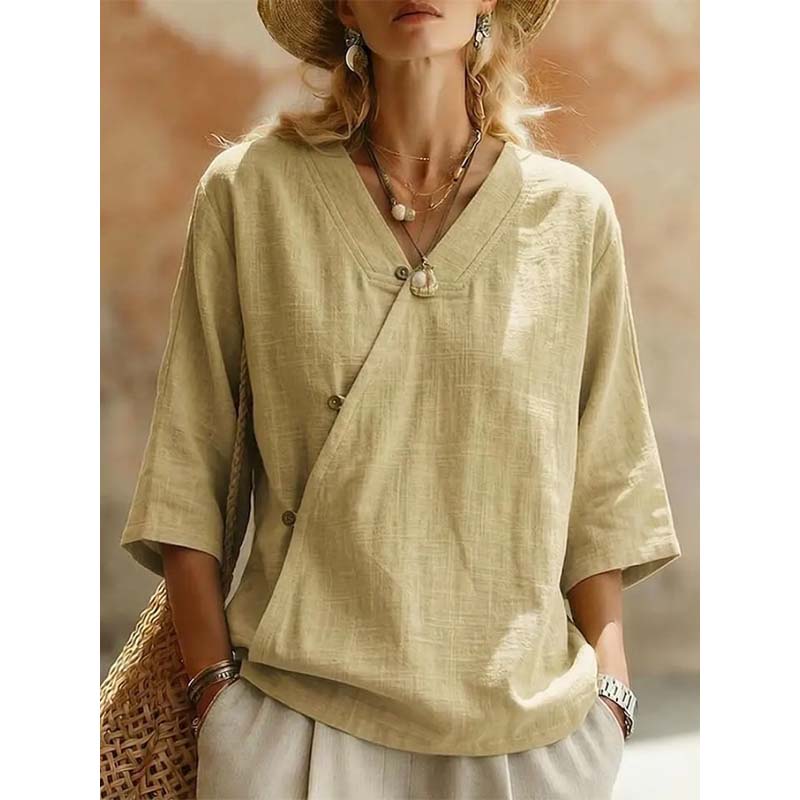 🔥-44%👕 Chemisier Femme Décontracté Col en V – Manches 3/4 🌿 boutons sur le devant pour le quotidien