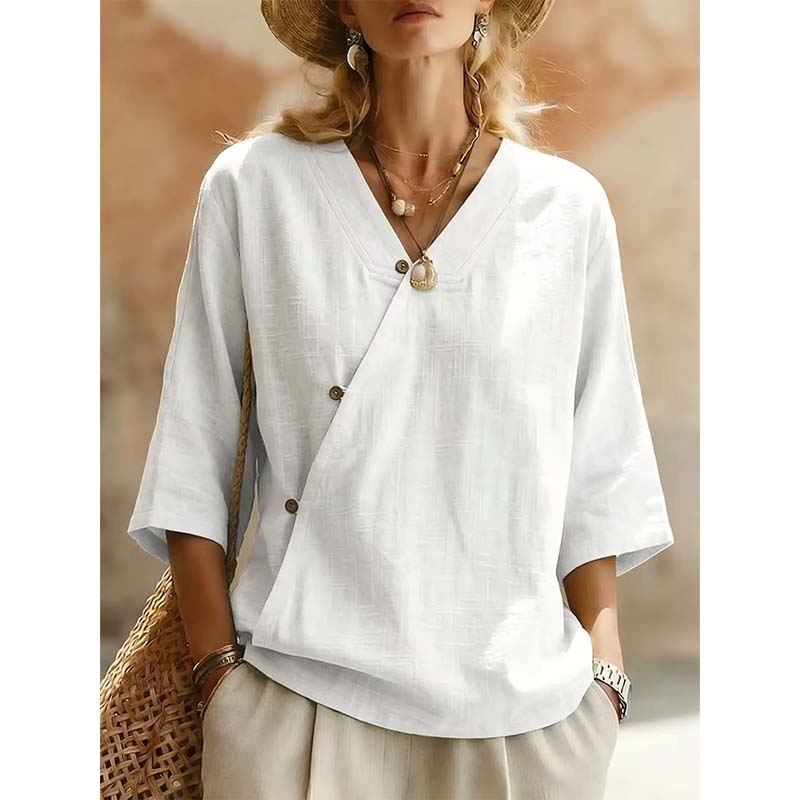 🔥-44%👕 Chemisier Femme Décontracté Col en V – Manches 3/4 🌿 boutons sur le devant pour le quotidien