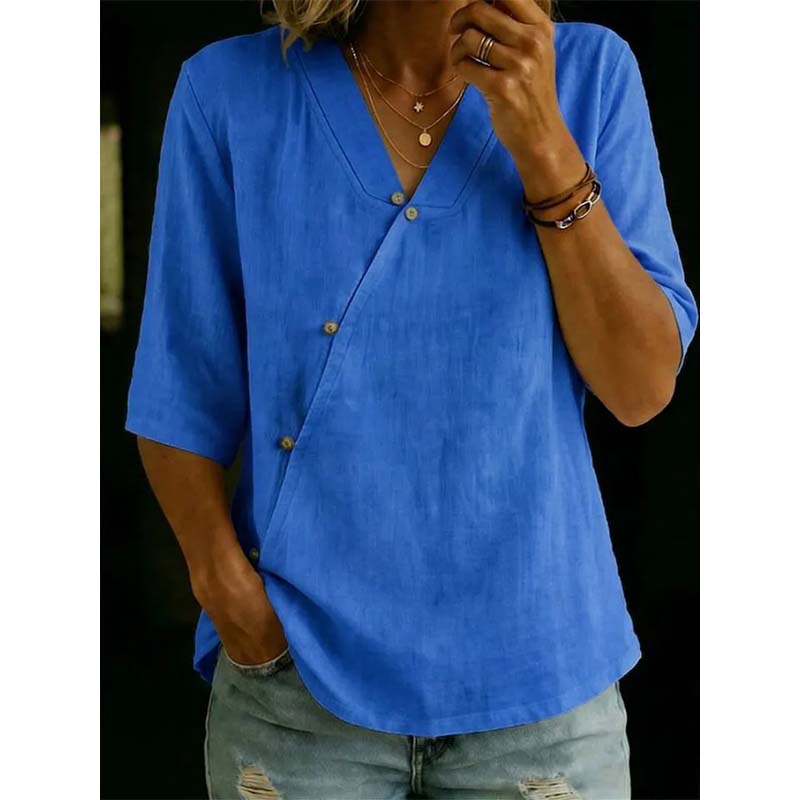 🔥-44%👕 Chemisier Femme Décontracté Col en V – Manches 3/4 🌿 boutons sur le devant pour le quotidien