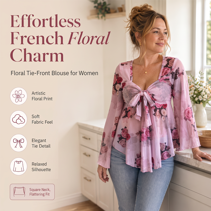 🌸Chemisier femme à imprimé floral, encolure carrée et noué sur le devant