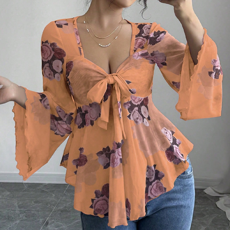 🌸Chemisier femme à imprimé floral, encolure carrée et noué sur le devant
