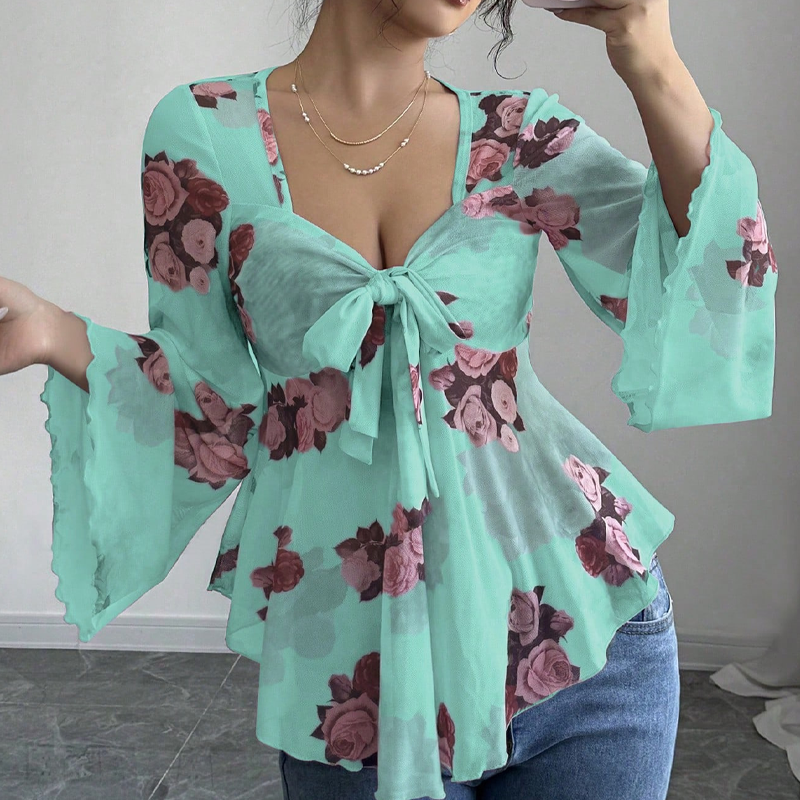 🌸Chemisier femme à imprimé floral, encolure carrée et noué sur le devant