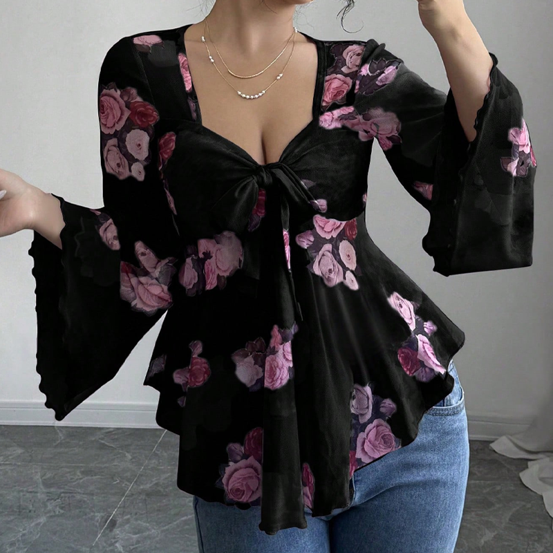 🌸Chemisier femme à imprimé floral, encolure carrée et noué sur le devant