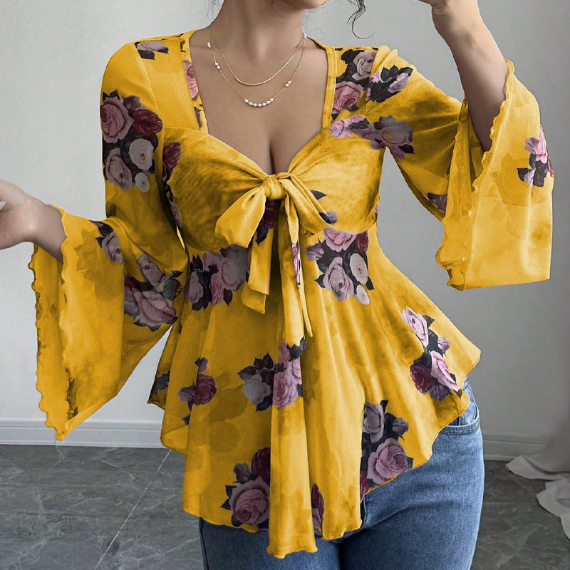 🌸Chemisier femme à imprimé floral, encolure carrée et noué sur le devant
