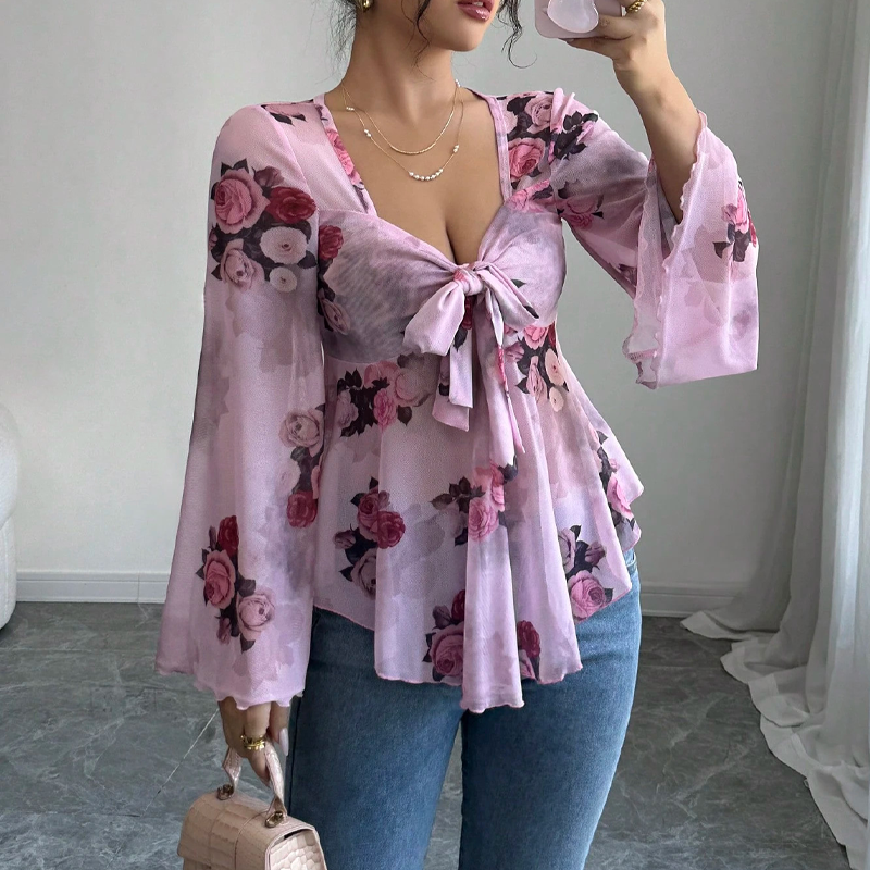🌸Chemisier femme à imprimé floral, encolure carrée et noué sur le devant