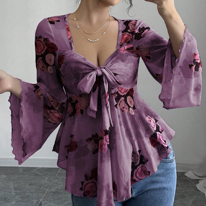 🌸Chemisier femme à imprimé floral, encolure carrée et noué sur le devant