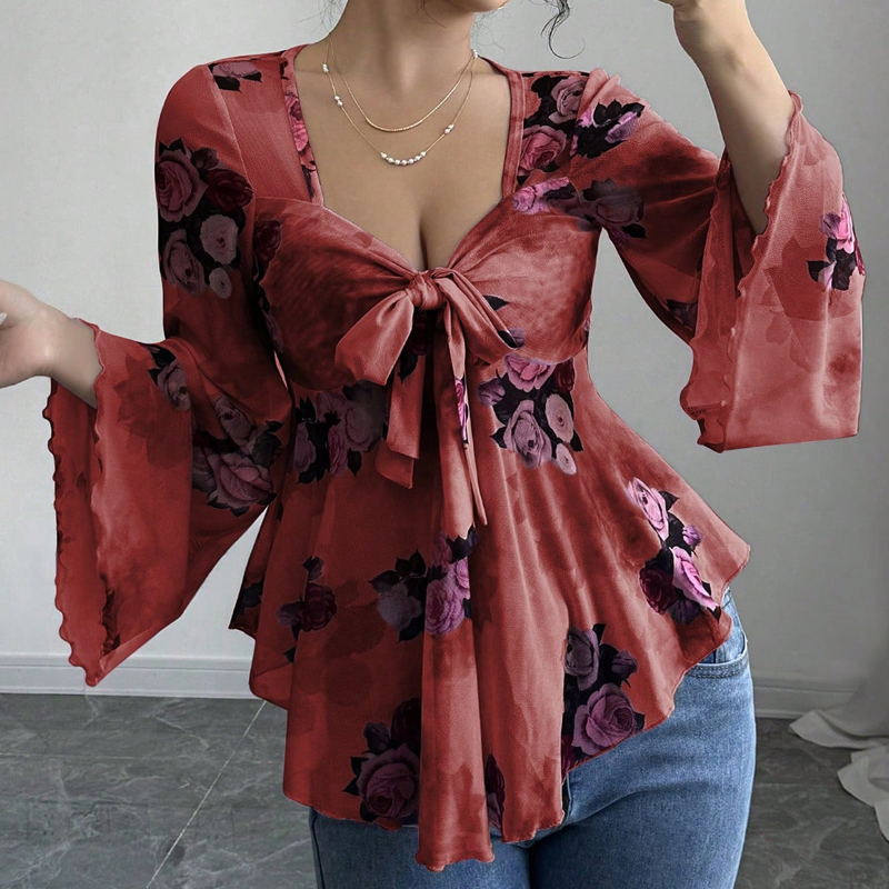 🌸Chemisier femme à imprimé floral, encolure carrée et noué sur le devant
