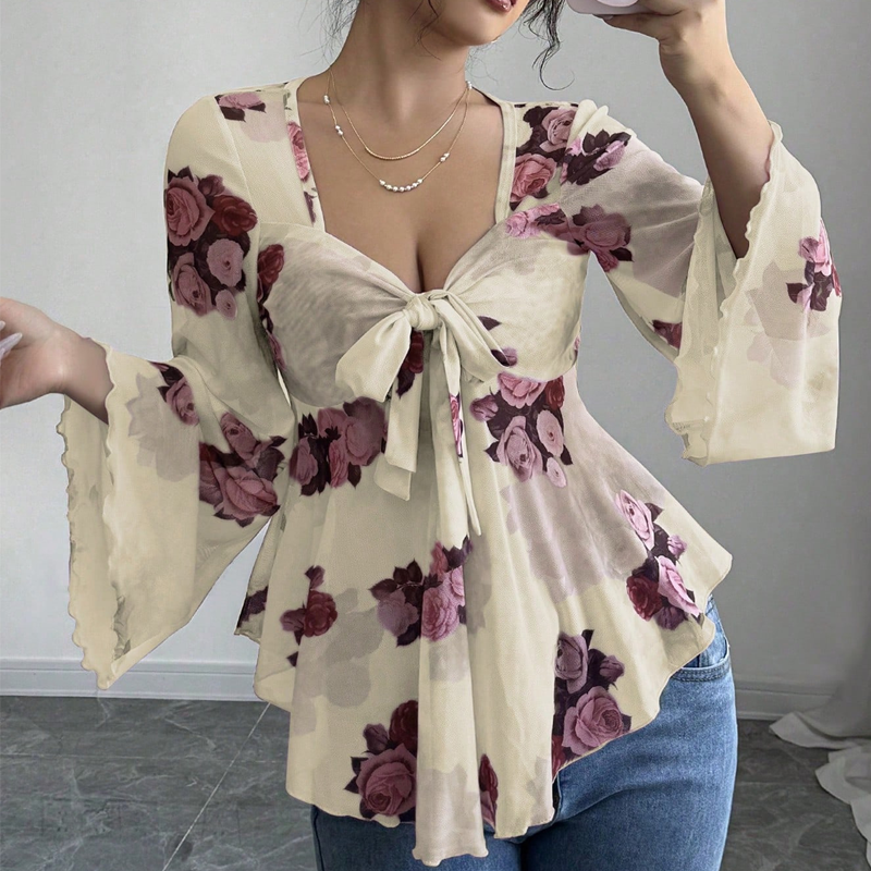 🌸Chemisier femme à imprimé floral, encolure carrée et noué sur le devant