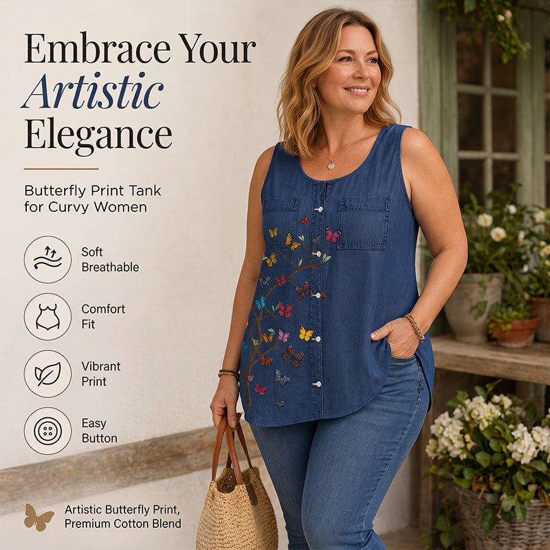 👕 Débardeur Femme Style Jean à Imprimé Papillon – Sans Manches, Boutonné et Poches Avant🌿