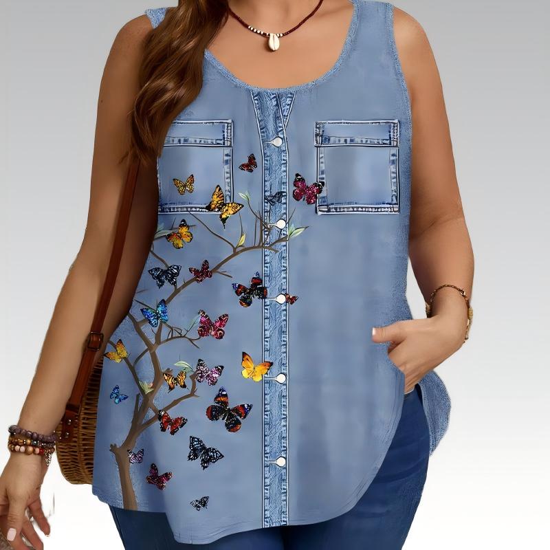 👕 Débardeur Femme Style Jean à Imprimé Papillon – Sans Manches, Boutonné et Poches Avant🌿