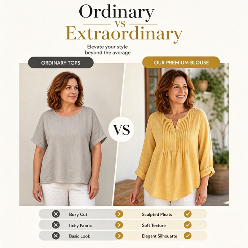 🔥-40%👚 Blouse Femme Manches Longues – Col Henley, Plis Texturés et Coupe Ample Décontractée🌿 style chic pour travail et ville