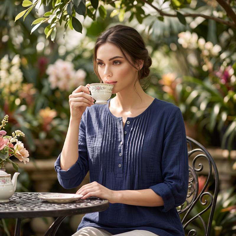 🔥-40%👚 Blouse Femme Manches Longues – Col Henley, Plis Texturés et Coupe Ample Décontractée🌿 style chic pour travail et ville
