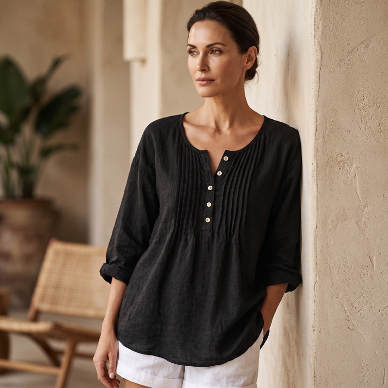 🔥-40%👚 Blouse Femme Manches Longues – Col Henley, Plis Texturés et Coupe Ample Décontractée🌿 style chic pour travail et ville