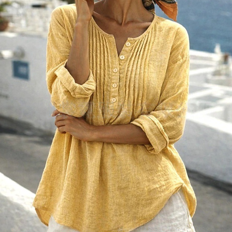 🔥-40%👚 Blouse Femme Manches Longues – Col Henley, Plis Texturés et Coupe Ample Décontractée🌿 style chic pour travail et ville
