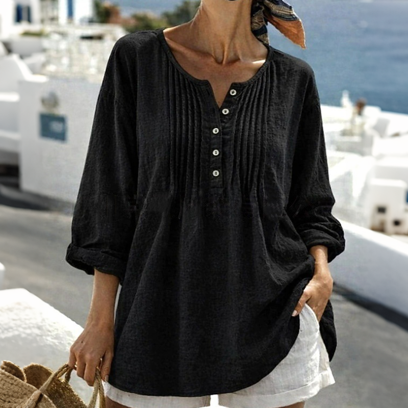 🔥-40%👚 Blouse Femme Manches Longues – Col Henley, Plis Texturés et Coupe Ample Décontractée🌿 style chic pour travail et ville
