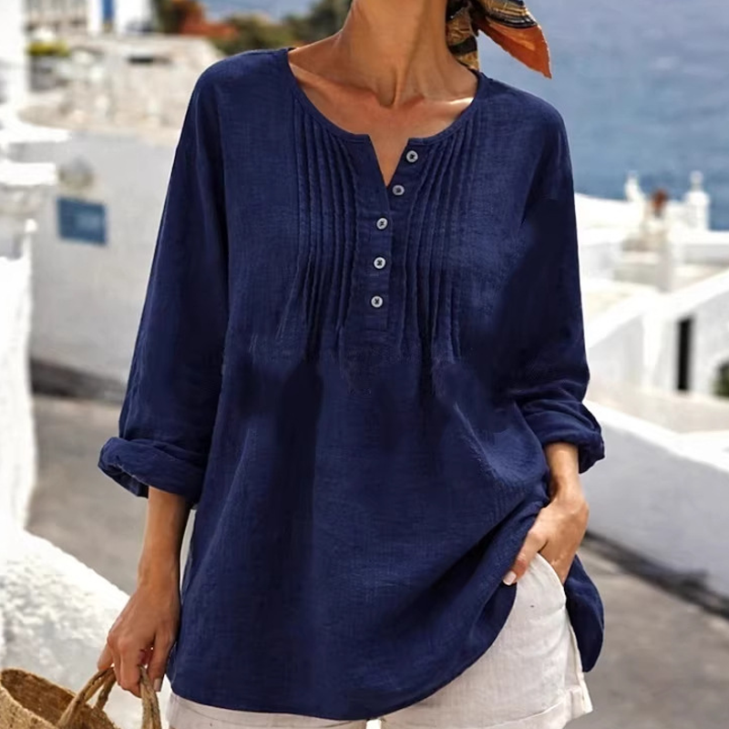 🔥-40%👚 Blouse Femme Manches Longues – Col Henley, Plis Texturés et Coupe Ample Décontractée🌿 style chic pour travail et ville