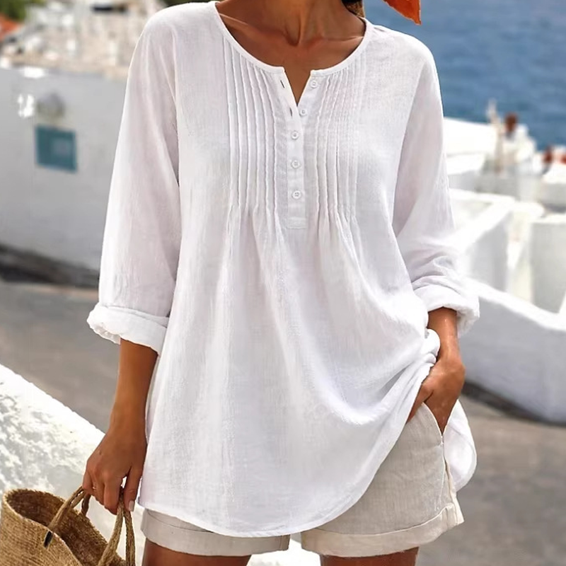 🔥-40%👚 Blouse Femme Manches Longues – Col Henley, Plis Texturés et Coupe Ample Décontractée🌿 style chic pour travail et ville