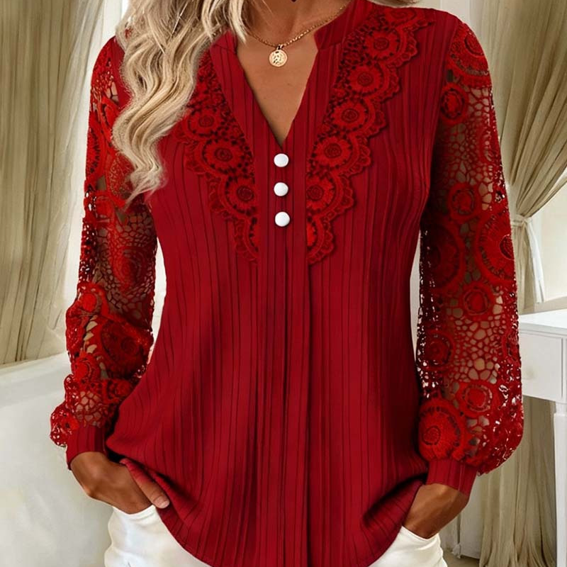👚 Haut Femme Manches Longues en Dentelle Patchwork – Col en V avec Boutons Décoratifs🔥-45%🍃 facile à associer avec jean, pantalon ou jupe