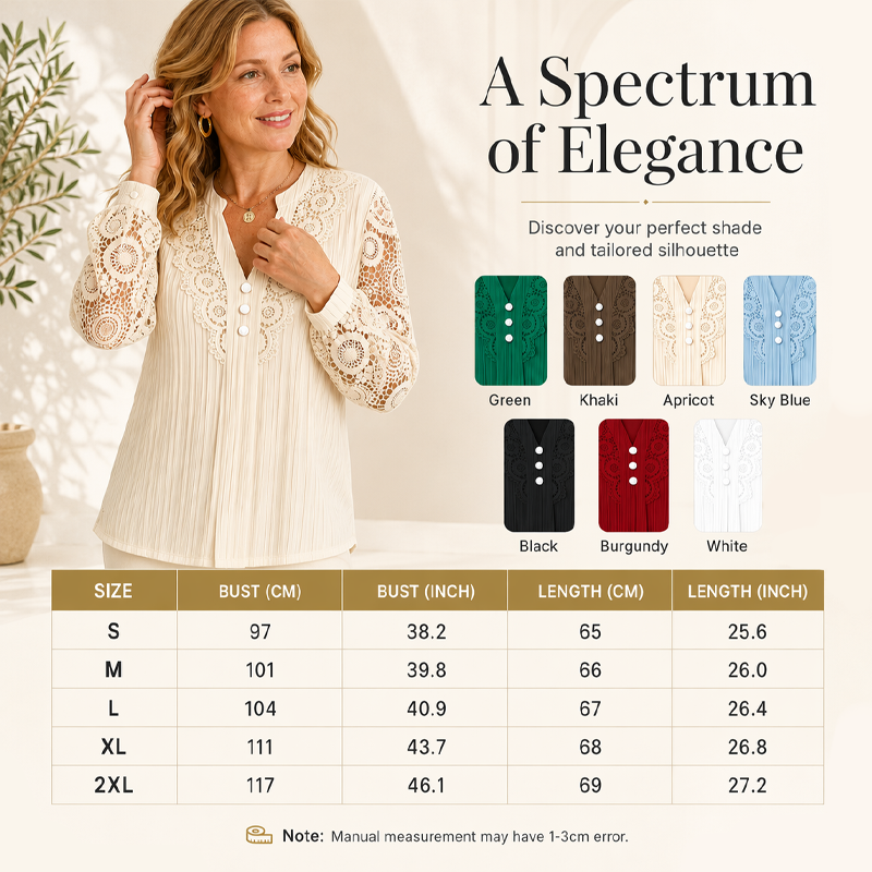 👚 Haut Femme Manches Longues en Dentelle Patchwork – Col en V avec Boutons Décoratifs🔥-45%🍃 facile à associer avec jean, pantalon ou jupe