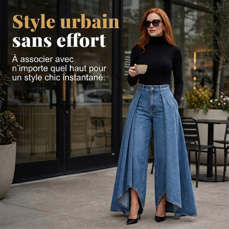 👖 Jean femme taille haute à jambes larges et ourlet asymétrique – look moderne, flatteur et facile à assortir