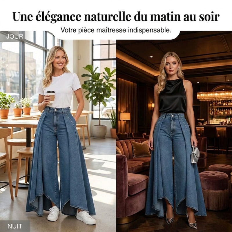 👖 Jean femme taille haute à jambes larges et ourlet asymétrique – look moderne, flatteur et facile à assortir